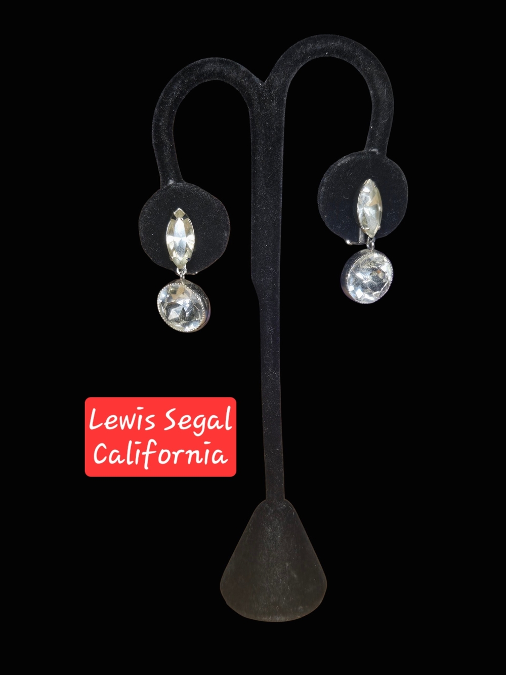 Vintage 40s Signed Lewis Segal California Crystal Clip-On Drop Earrings